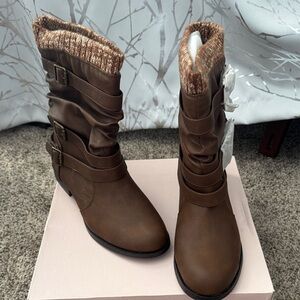 JustFab Brown Heeled Boots with Buckle Accents